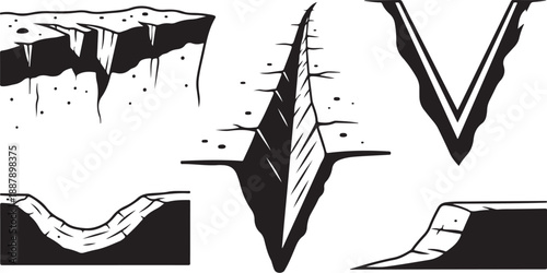 Black and white cliff edge illustrations with rocky textures