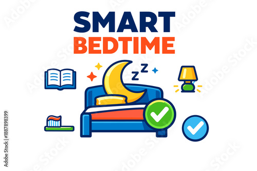 Smart bedtime routine concept with bed, moon, light, and checkmarks