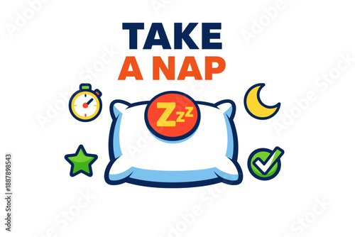 Take a nap illustration: pillow, clock, moon, star, and checkmark icons