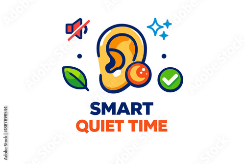 Ear symbol with mute icon and leaf illustrations for quiet time concept