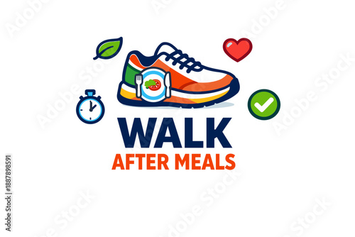Healthy walking: post-meal exercise benefits with shoe, heart, and timer icons