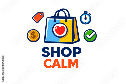 Colorful shopping bag with heart icon and symbols: tag, coin, timer, checkmark