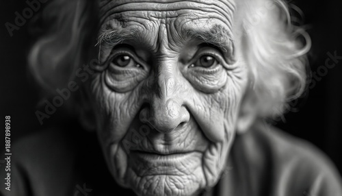 Black and white portrait shows aged woman with many wrinkles. Elderly female subject has white hair, looks pensive. Person sits at table in home interior.