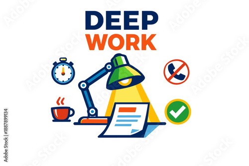 Deep work illustration with desk lamp, stopwatch, and icons