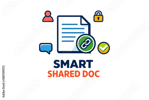 Smart shared document icon with security features and communication symbols