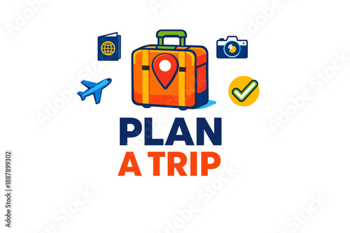 Travel planning essentials: passport, luggage, airplane, camera, checklist icon set