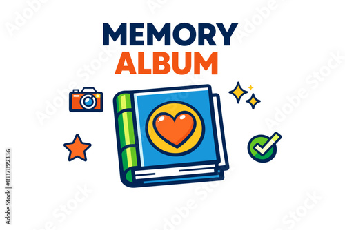 Memory album with heart icon and camera for photo collection