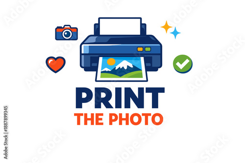Colorful print workshop design with photo printer and icons