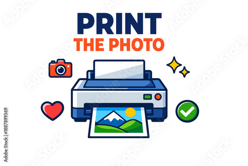 Colorful printer and camera icons with nature photo print