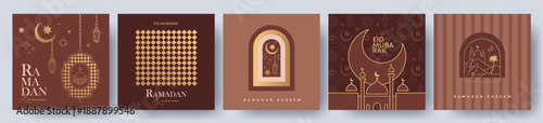 Ramadan Kareem poster, holiday cover set. Islamic greeting card, banner template. Eid Mubarak modern design with geometric pattern in trendy warming brown colors.