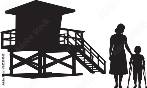 Silhouette of a lifeguard house with a woman and child 