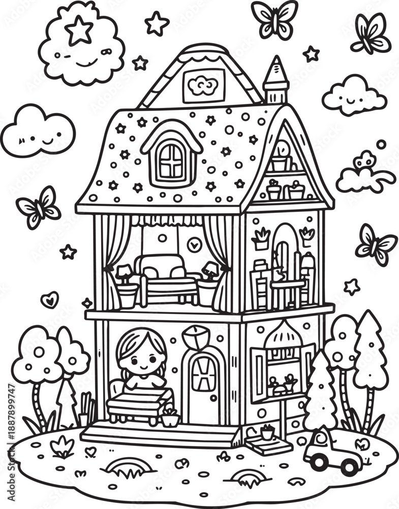 Fototapeta premium Detailed dollhouse with a girl inside, surrounded by trees, butterflies, and clouds