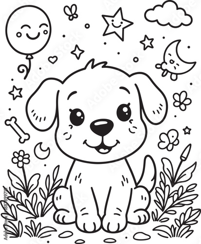 Cute puppy coloring page for toddlers with happy dog sitting in garden among flowers stars