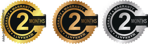 2-month warranty icon in a gold circle with circular text. Two-month warranty label in gold, bronze, and silver colors. Vector illustration.