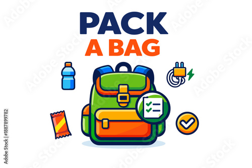 Colorful backpack with travel essentials and checklists for adventure