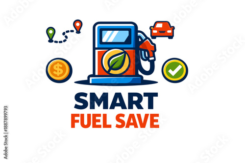 Smart fuel save concept: eco-friendly gas pump with money and travel icons
