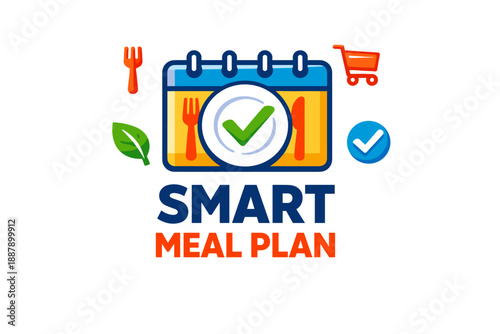 Colorful smart meal plan icon with calendar, leaf, and shopping cart