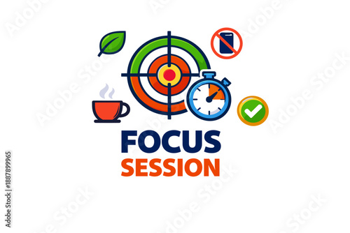 Focus session icon with target, stopwatch, coffee, and no phone symbol