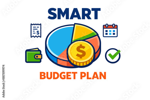 Smart budget plan: pie chart, wallet, calendar, and checklist illustration