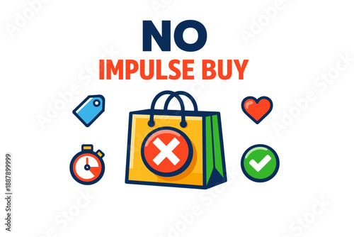 No impulse buy concept with shopping bag, cross symbol, and icons