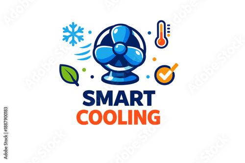 Smart cooling concept with fan and eco-friendly symbols for energy efficiency