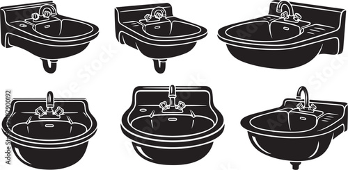 Six Different Bathroom Sinks with Faucets and Drains Illustrated