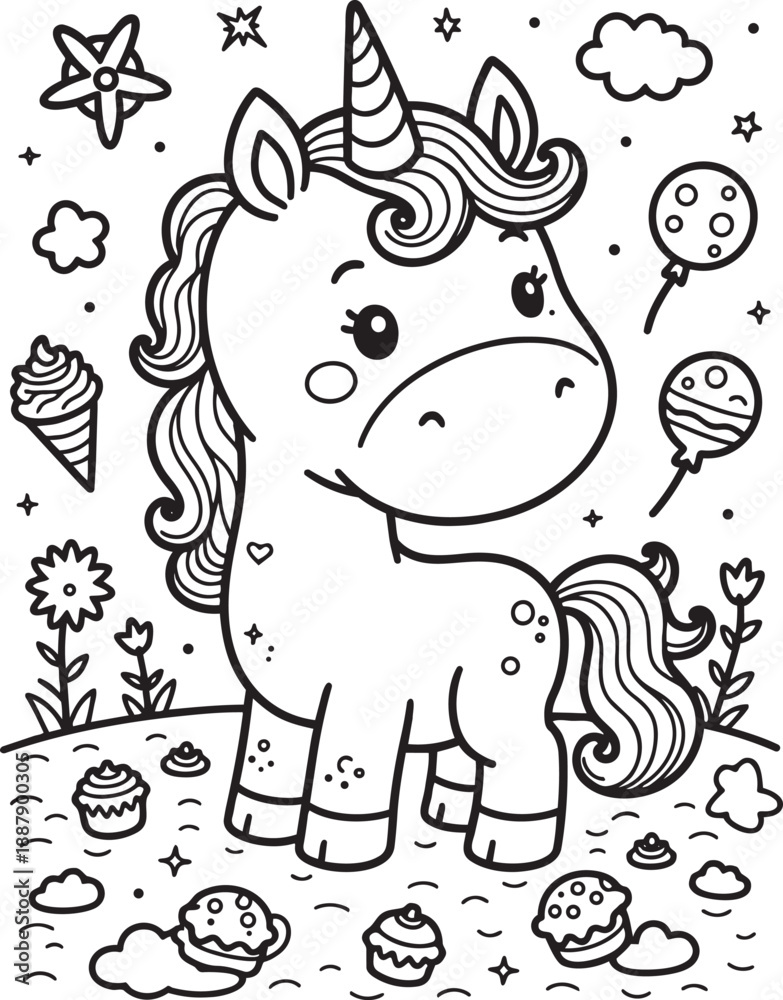 Fototapeta premium Sad unicorn on a hill surrounded by cupcakes and stars with balloons floating