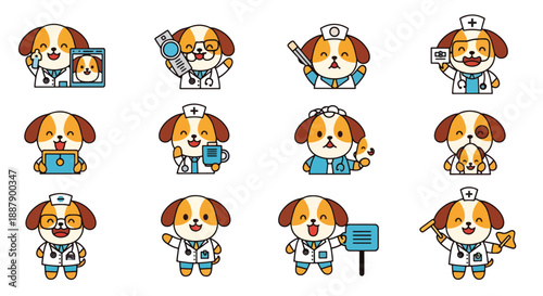 Dog Veterinarian Cartoon Emoticons Set