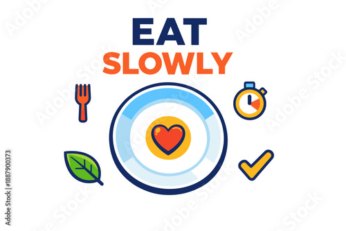 Eat slowly icon: heart on plate with stopwatch, fork, leaf, check mark illustrations