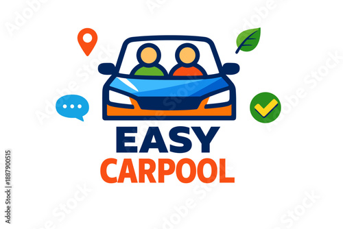 Easy carpool logo design featuring two cartoon people in blue car with icons