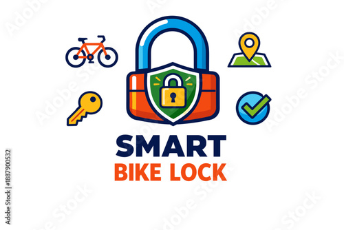 Smart bike lock design with key, padlock, and location icons