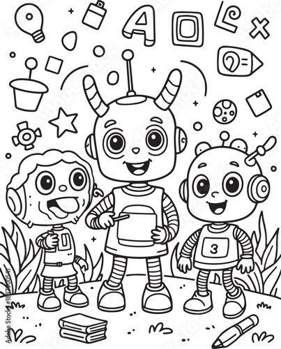 Three cheerful little robots are learning about letters numbers and basic school education
