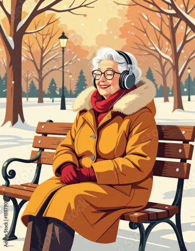 Happy Elderly woman enjoying music on park bench in winter