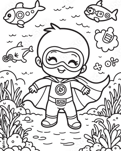 Underwater superhero baby exploring ocean floor with fish friends for coloring worksheet