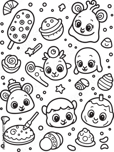Whimsical kawaii dessert and food characters ready for coloring and creative activities