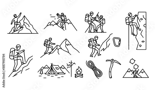 Mountaineering and Climbing Activity Icons Vector Set with Editable Stroke on White Background