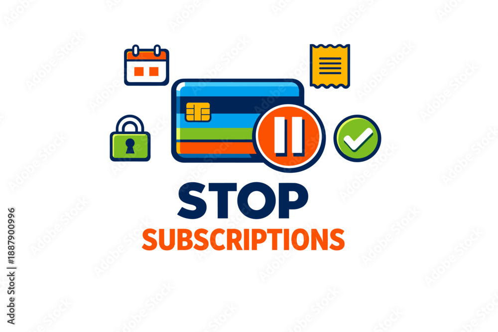 Fototapeta premium Cancel subscriptions icon with payment card, pause button, and security symbols