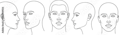 Human Face and Portrait Angle Set with Front View Side Profile and Three Quarter Perspective for Beauty and Anatomy Vector Illustration