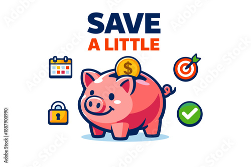 Cute piggy bank with money coin and savings icons illustration