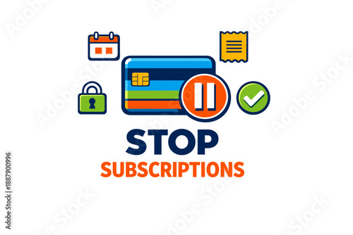 Cancel subscriptions icon with payment card, pause button, and security symbols