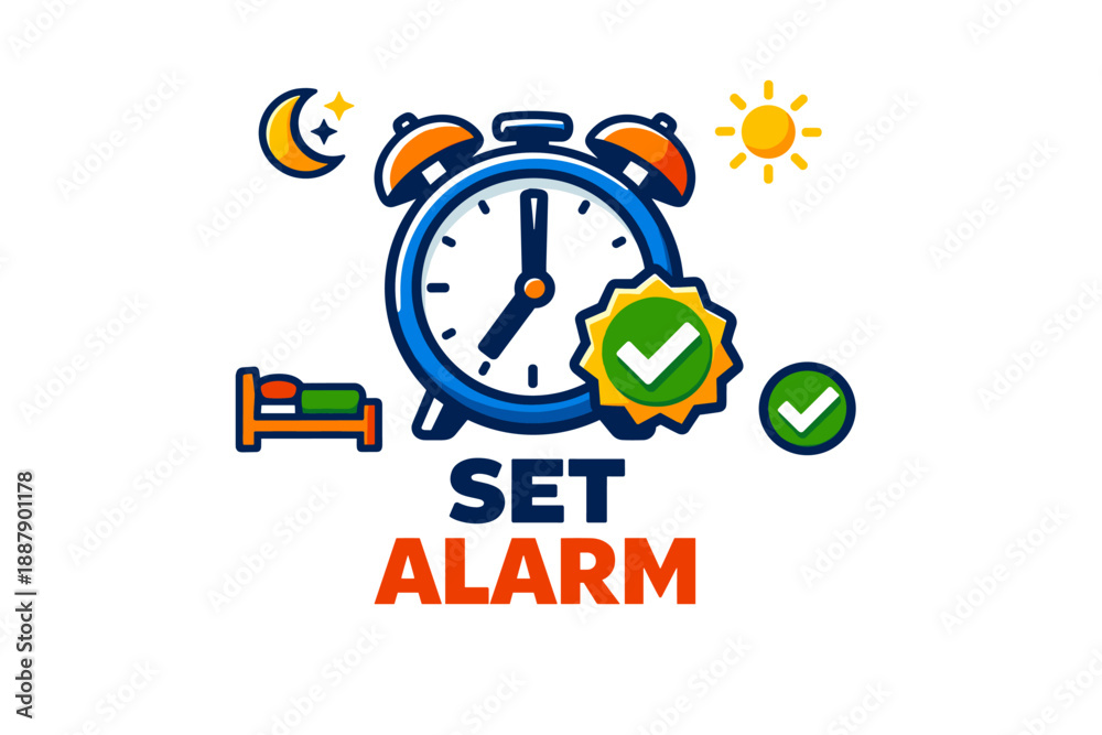 Obraz premium Colorful alarm clock icon with day and night elements