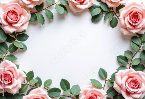 Wedding floral background with blush roses and eucalyptus, copy space