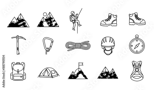 Mountaineering and Climbing Line Icons Set with Editable Stroke for Outdoor Adventure Design