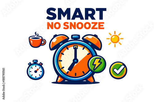Smart no snooze alarm concept with coffee and sunshine icons