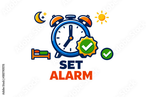 Colorful alarm clock icon with day and night elements