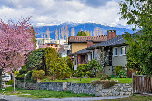 Street of residential houses on early spring time in Vancouver, BC