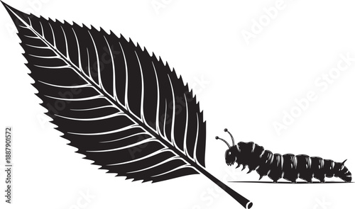 A black silhouette of a leaf with a caterpillar crawling nearby