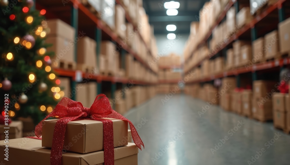 Fototapeta premium Stacks of gift boxes wrapped with red ribbon sit in a warehouse aisle beside a decorated Christmas tree. Tall shelves filled with cardboard packages extend into distance.