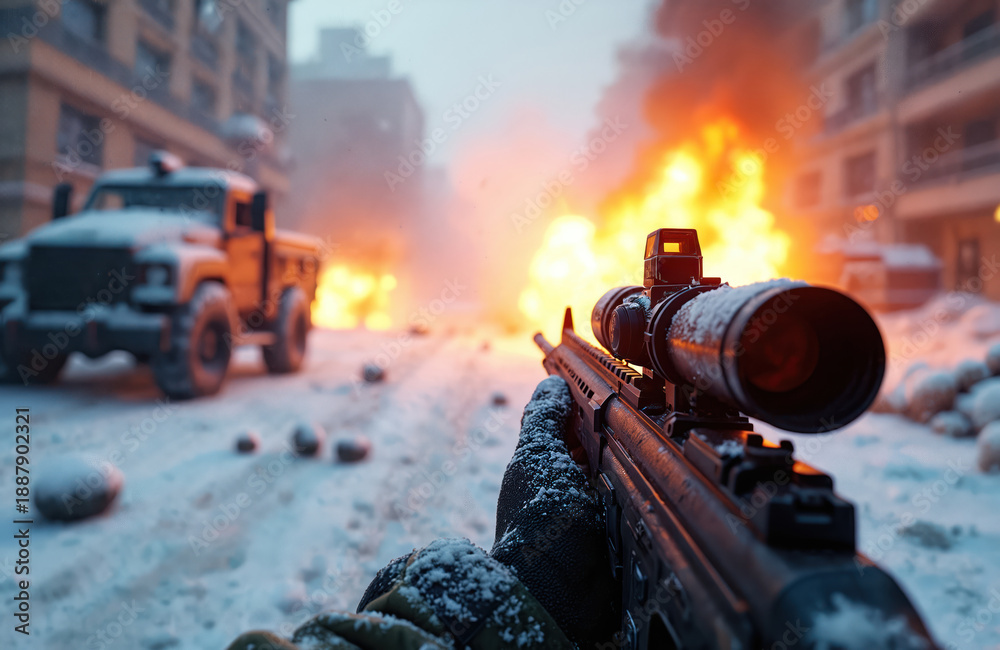 Fototapeta premium First person view soldier aiming rifle with scope during urban combat in winter. Explosions and burning vehicle create chaos on snowy city street. Military action game scene.