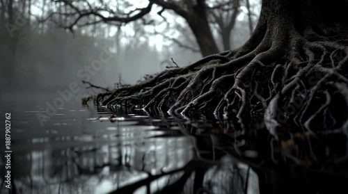 Ancient Tree Roots Fog Scene moody ancient roots in thick fog, cinematic woodland atmosphere for fantasy backdrops and environment design.